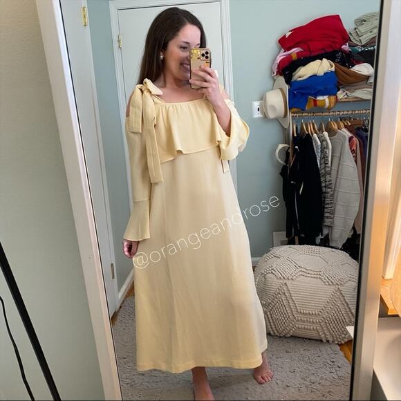 NWT GANNI Cream Tan Neutral Crepe Long Sleeve Ribbon Maxi Dress Clark 38 Medium - Picture 7 of 9